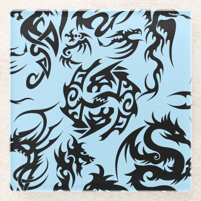 Black dragons pattern outline.b L Blue BG Glass Coaster (Front)