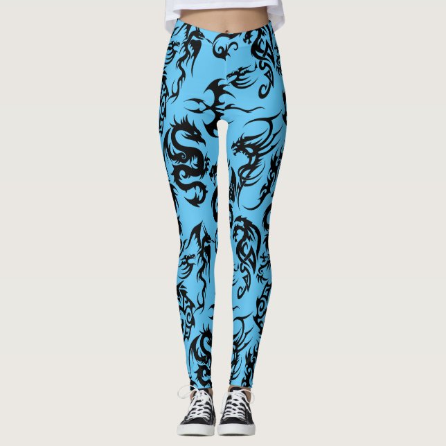 Black dragons pattern outline.b L Blue BG Leggings (Front)