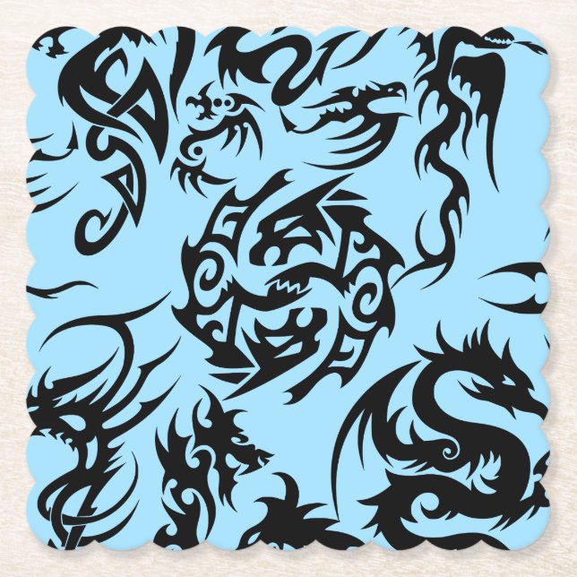 Black dragons pattern outline.b L Blue BG Paper Coaster (Front)