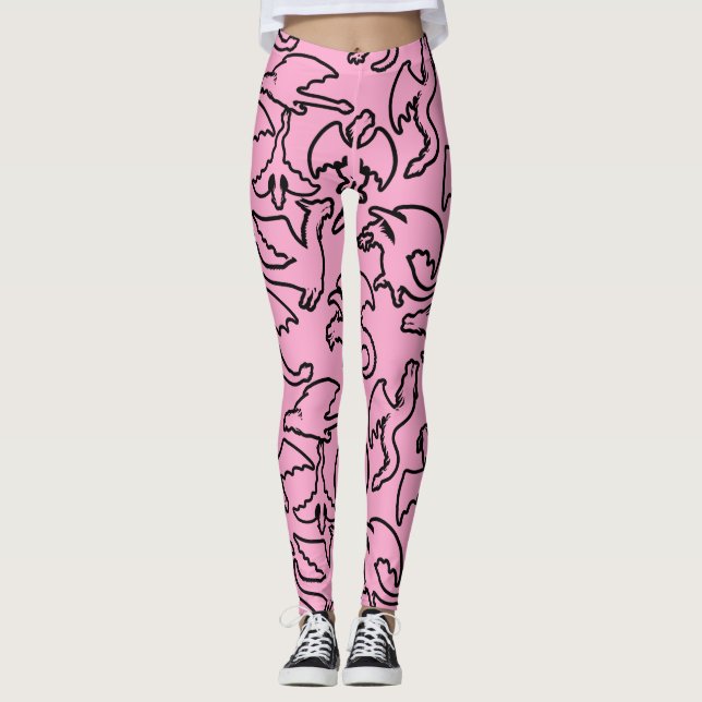 Black dragons pattern outline.b L pink BG Leggings (Front)