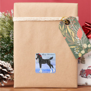 Black Draught Horse Foal Christmas Equestrian Art Square Sticker