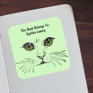 Black Drawing Cat Face Big eyes Light Green Square Sticker