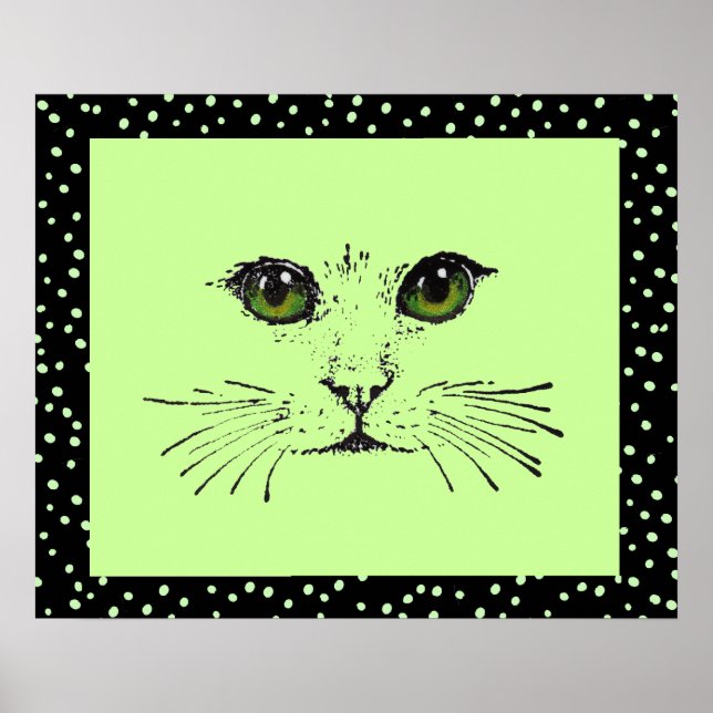 Black Drawing Cat Face Intense Eyes Polka Dots Poster (Front)