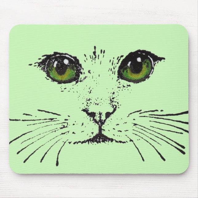 Black Drawing Face of Cat Green Yellow Eyes Mouse Pad (Front)
