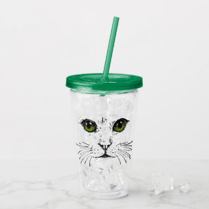 Black Drawing of Cat Face Whiskers Green Eyes Acrylic Tumbler