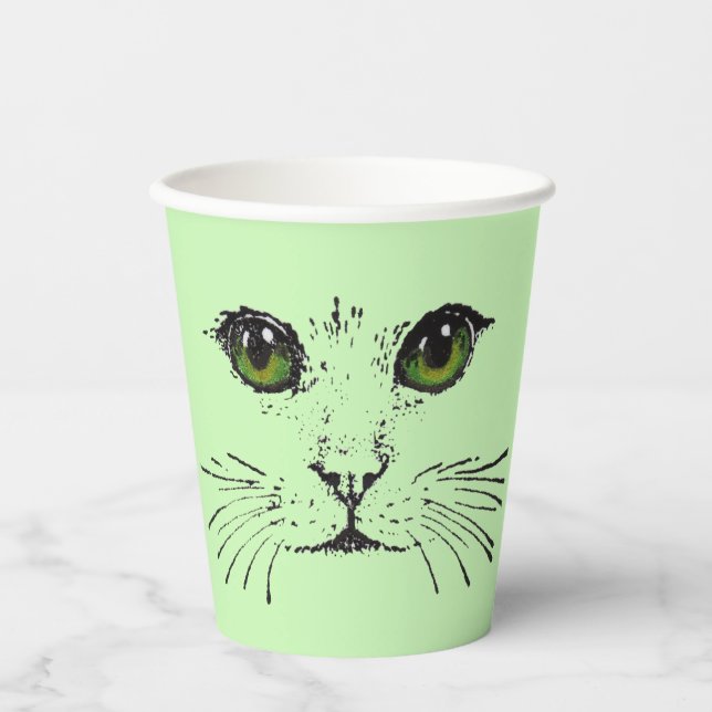 Black Drawing of Cat Face Whiskers Green Eyes Paper Cups (Front)