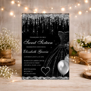 Black Dress and Silver Dripping Glitter Sweet 16 Invitation