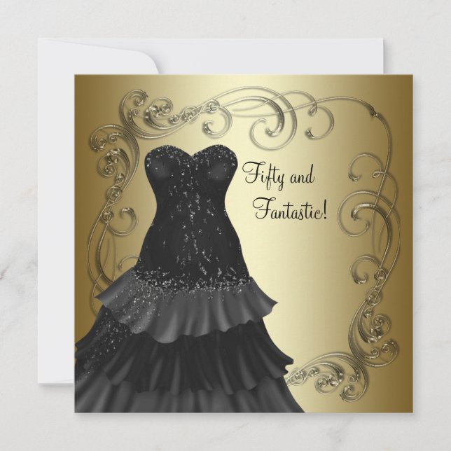 Black Dress Black Gold Womans 50th Birthday Party Invitation (Front)