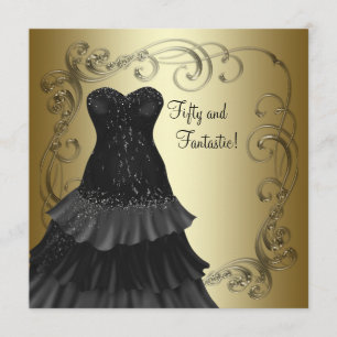 Black Dress Black Gold Womans 50th Birthday Party Invitation