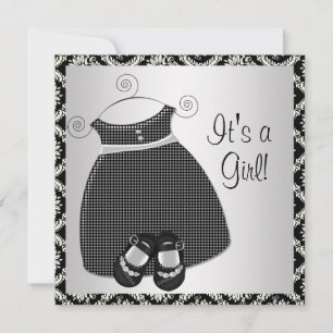 Black Dress Shoes Black Damask Baby Girl Shower Invitation