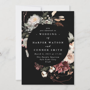 Black Dried Burgundy Rustic Florals Wedding Invitation