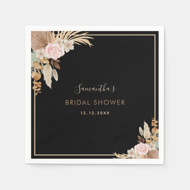 Black Dried Palm Leaf Pampas Grass Bridal Shower  Napkin (Front)