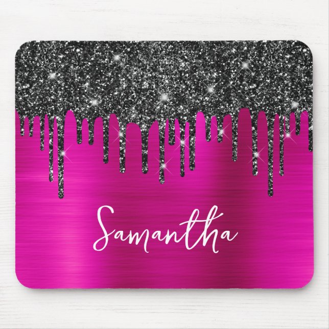 Black Dripping Glitter Hot Pink Glam Name Mouse Pad (Front)
