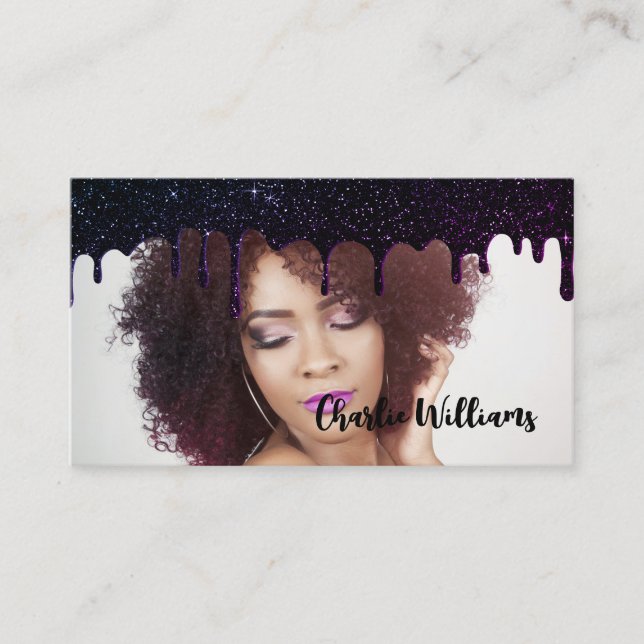 Black Dripping Glitter QR Code Add Your Own Image Business Card (Front)