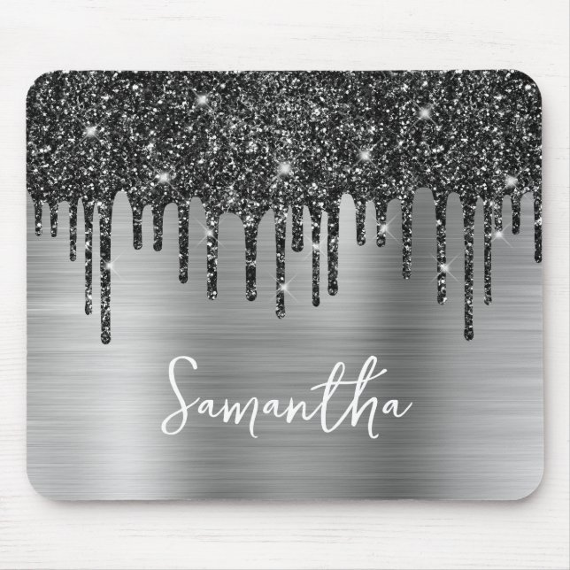 Black Dripping Glitter Silver Glam Name Mouse Pad (Front)