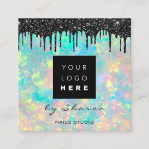 Black Drips 6 Punches QRCodeLogo Hair Holograph Square Business Card