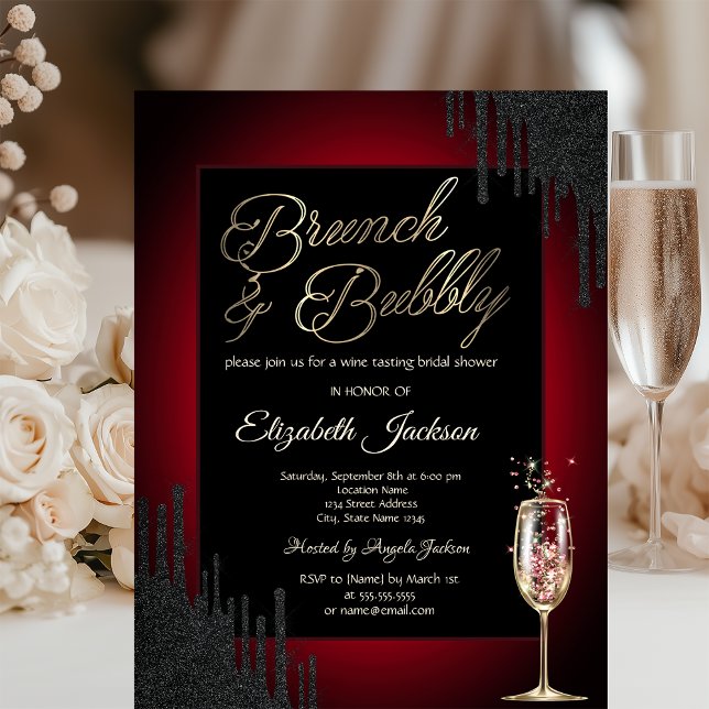 Black Drips,Wine Glass,Red Brunch & Bubbly Invitation (Creator Uploaded)