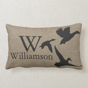 Black Duck Silhouettes Faux Burlap Family Name Lumbar Cushion