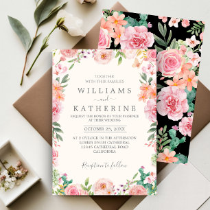 Black Dusty Blush Pink & Peach Floral Wedding  Invitation
