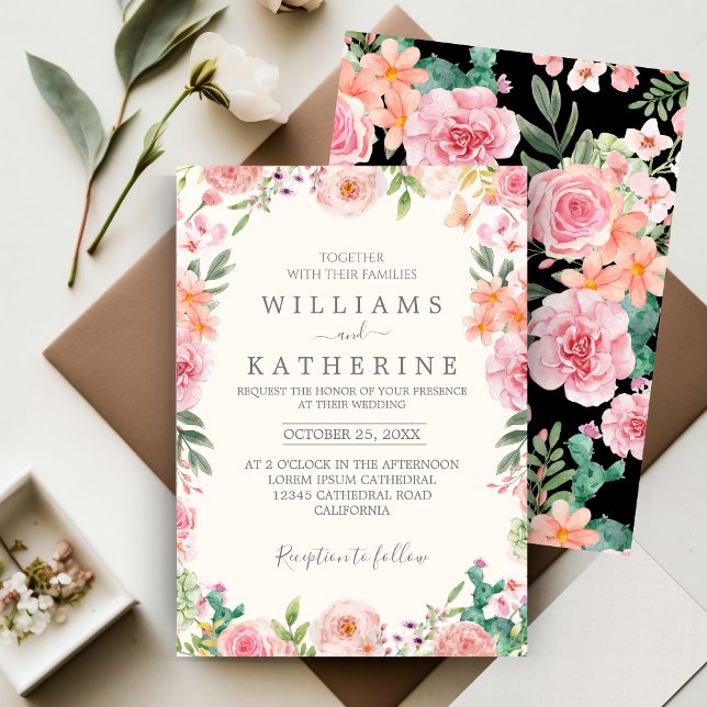 Black Dusty Blush Pink & Peach Floral Wedding  Invitation (Creator Uploaded)