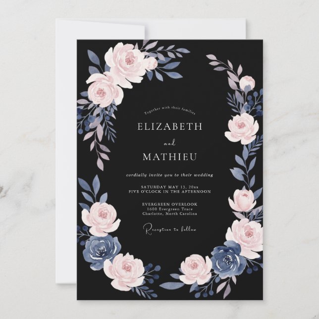 Black Dusty Pink Leafy Wedding Invitation (Front)