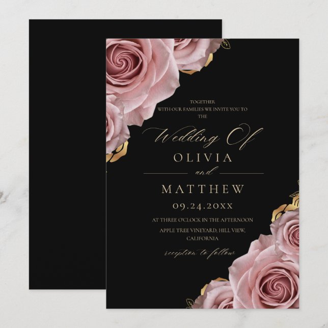 Black & Dusty Roses Elegant Modern Wedding  Invitation (Front/Back)