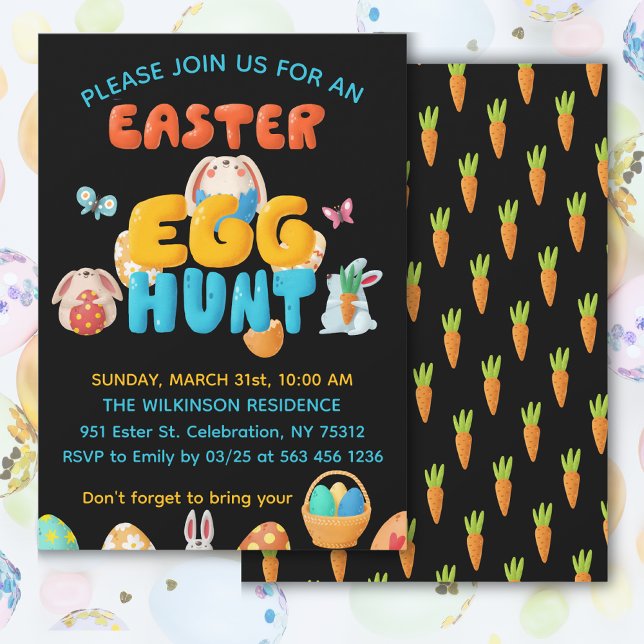 Black Easter Egg Hunt  Invitation (Get this playful and colorful invitation for your Easter celebration, customize it today!)