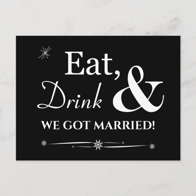 Black Eat Drink We Got Married Retro Elopement Postcard (Front)