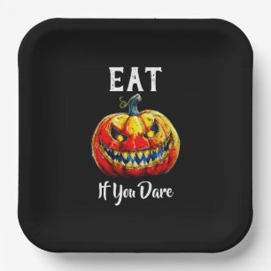 Black Eat if you dare Halloween Smiling Pumpkin Paper Plate