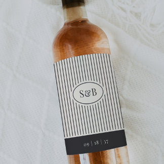 Black & Ecru Classic Pinstripe Wedding Monogram Wine Label