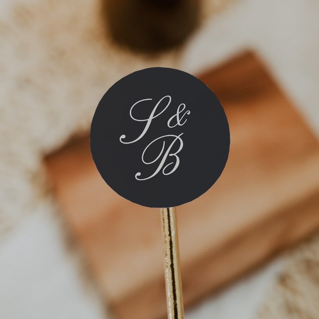 Black & Ecru Classic Script Monogram Wedding Round Sticker (Creator Uploaded)