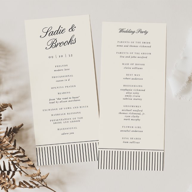 Black & Ecru Classic Script Pinstripe Wedding Program (Creator Uploaded)