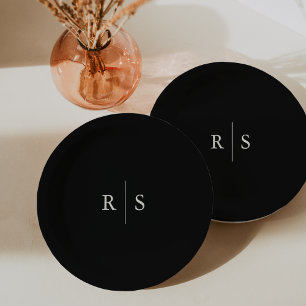 Black & Ecru Editable Colour Monogram Wedding Paper Plate