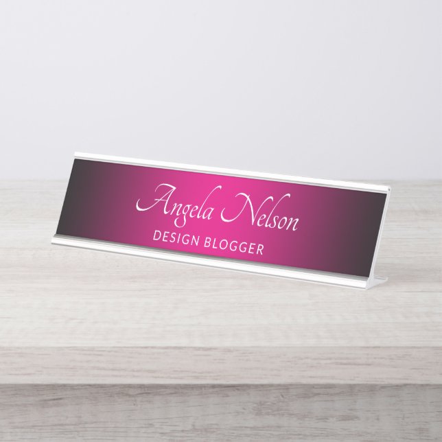 Black Edge Hot Pink Ombre Desk Name Plate (Front)