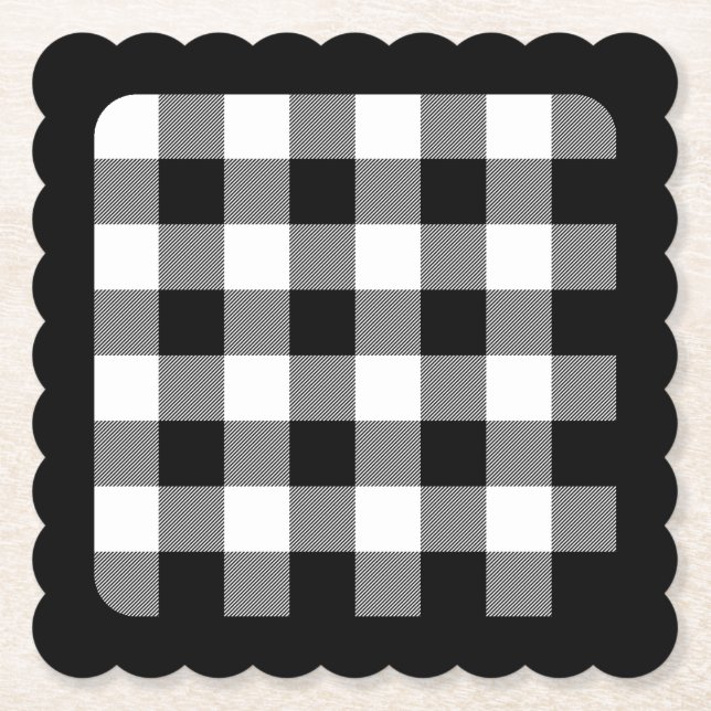 Black Edge Plain White and Black Buffalo Plaid Paper Coaster (Front)