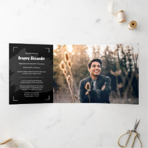 Black Edgy Abstract Brushstroke Photo Graduation Tri-Fold Invitation