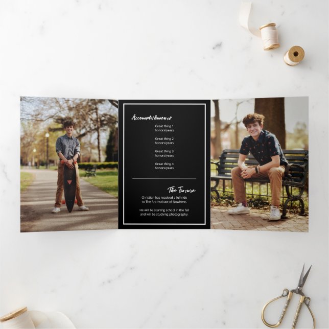 Black Edgy Abstract Torn Photo Graduation Tri-Fold Invitation (Inside)