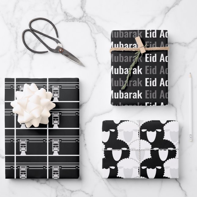 Black Eid Adha Mubarak Kaaba Sheep Pattern Wrapping Paper Sheet (Front)
