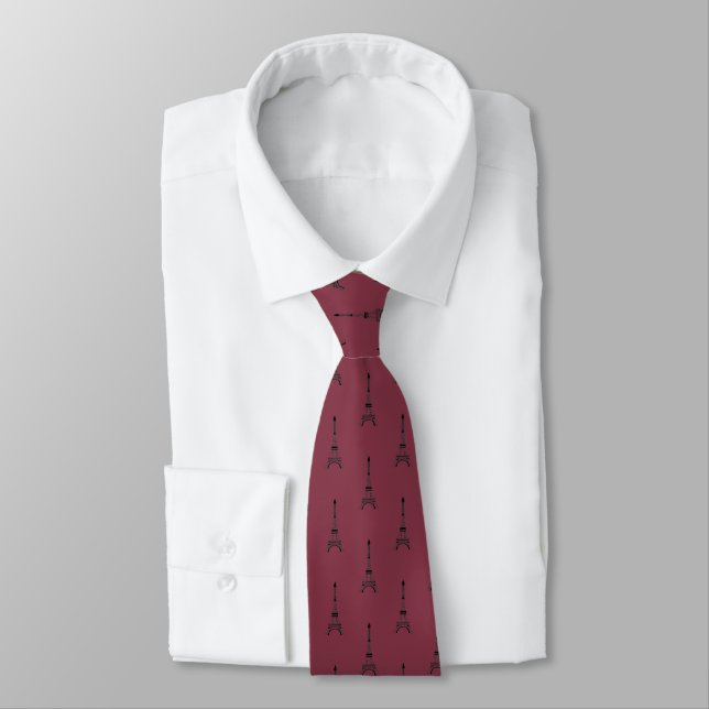Black Eiffel tower pattern on burgundy red Tie (Tied)