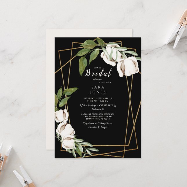 Black Elegance Cotton Foliage Bridal Shower Invitation (Front/Back In Situ)