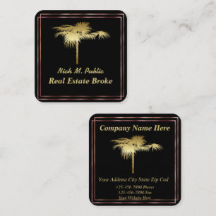 Black elegance golden rose frame and golden palm square business card
