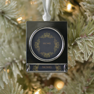 Black elegance in your name silver plated banner ornament