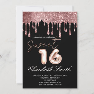 Black Elegance,  Rose Gold Drips  Sweet Sixteen    Invitation