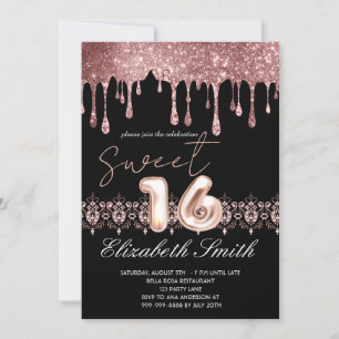 Black Elegance,  Rose Gold Drips  Sweet Sixteen    Invitation