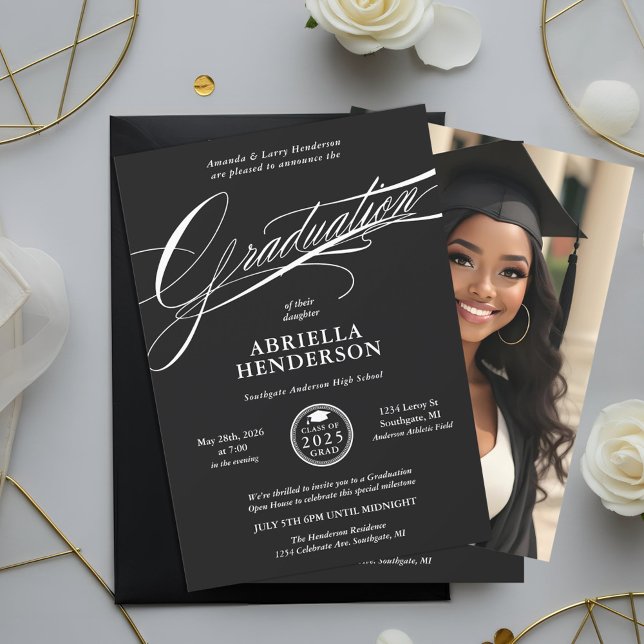 Black Elegant and Formal Script Graduation Invitation (Black and White Elegant Graduation Announcement and Invitation)