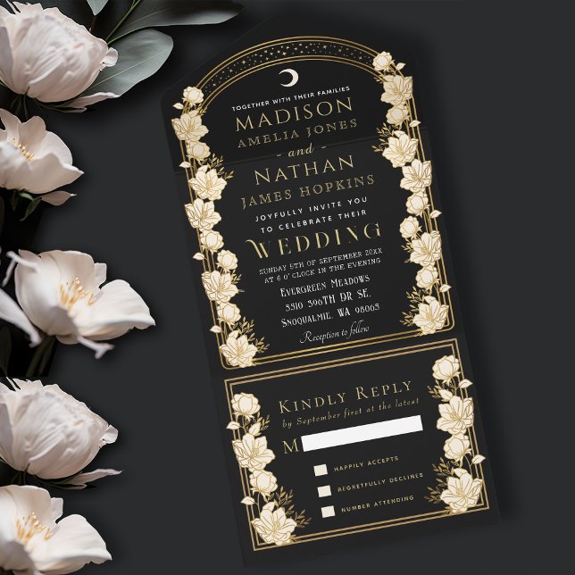 Black Elegant Arch Art Nouveau Wedding All In One Invitation (Creator Uploaded)