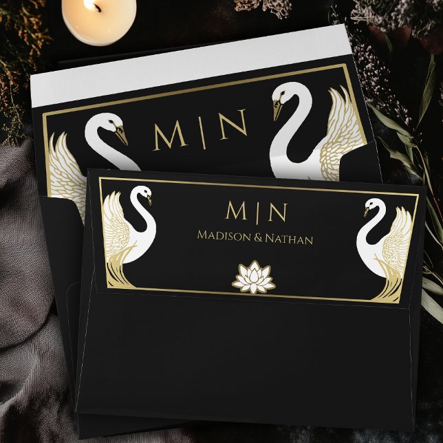 Black Elegant Art Nouveau Swans Wedding Envelope (Creator Uploaded)