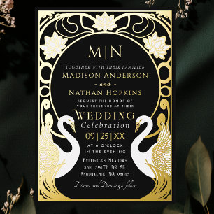 Black Elegant Art Nouveau Swans Wedding Invitation
