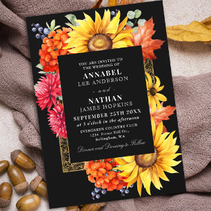 Black Elegant Autumn Watercolor Floral  Invitation