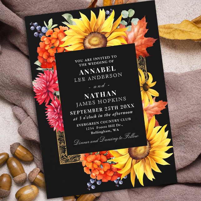 Black Elegant Autumn Watercolor Floral  Invitation (Creator Uploaded)